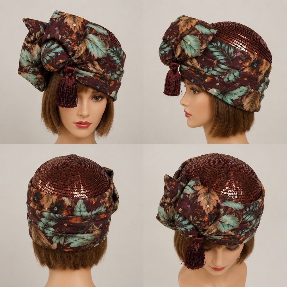 Vintage Sequin Pillbox Hat Oversized Bow Tassel Floral Church Derby Pageant
